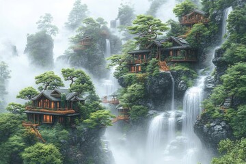 Wall Mural - Serene mountain village where houses are made from living bonsai trees with cascading waterfalls and misty enchanted forests surrounding it on a plain light gray background