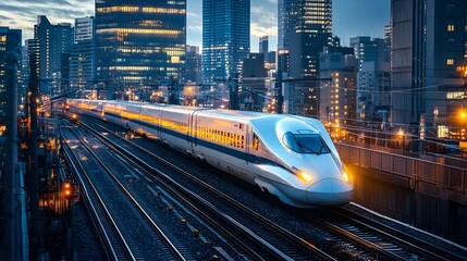 Poster - photograph of a high speed train rushing through a vibrant urban setting surrounded by towering skys