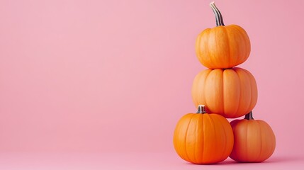 Canvas Print - Four small orange pumpkins stacked in a pyramid shape on a pink background.