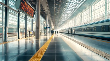Poster - dynamic high speed train station platform with intelligent digital displays and passengers waiting f