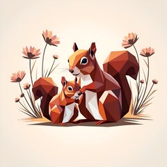 Canvas Print - Mother Squirrel and Her Baby in a Low Poly Illustration