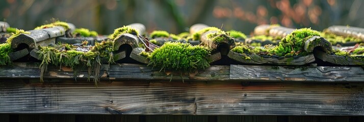 Poster - Minimalist perspective of an aged wooden roof covered in moss with strong contrast.