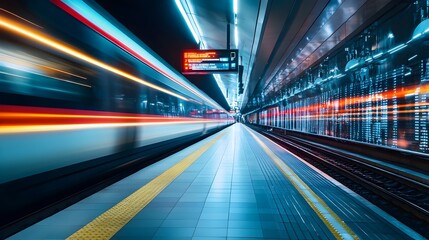 Poster - technologically advanced high speed train station platform scene with passengers anticipating the ar