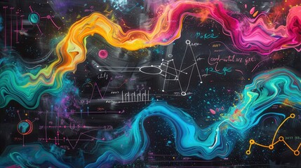 Leinwandbilder - A chalkboard displays colorful waves of chalk strokes interwoven with scientific formulas and diagrams, creating an inspiring educational backdrop. Generative AI