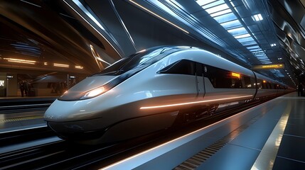 Poster - futuristic high speed train waiting at a sleek contemporary railway station with passengers boarding
