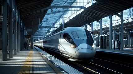 Poster - futuristic high speed train waiting at a sleek contemporary station with passengers boarding the tra