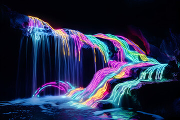 Wall Mural - Enchanted waterfall neon illustration isolated on black background