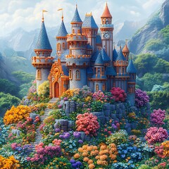 Wall Mural - Isometric Castle out of colorful flower 169