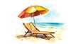 © AbstractAI - Beach chair with umbrella Summer vacation design element Hand painted watercolor illustration on white background
