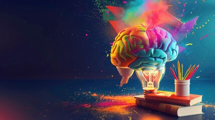 A colorful brain inside a light bulb, glowing and radiating ideas, surrounded by books, pencils, and confetti.