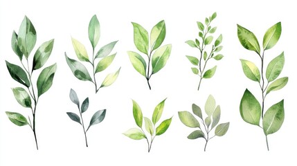 Naklejka na meble Botanical leaves and branches in watercolor Hand painted greenery leaves ideal for decorative designs on covers fabrics invitations weddings or greeting cards