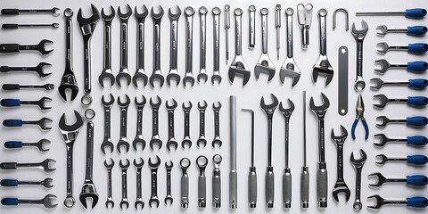 This image displays an assortment of tools including wrenches, screwdrivers, and pliers, organized on a white background, symbolizing repair, construction, and utility (12)