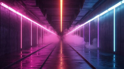 Wall Mural - Futuristic tunnel with colorful neon lights and fog.