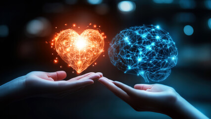 Hands holding a bright, glowing heart and a complex, digital representation of a brain, symbolizing the balance between emotions and intellect.