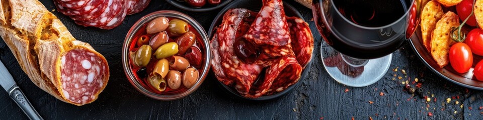 Poster - Assorted Cured Meats and Wine Selection Served with Traditional Spanish Tapas - Top View