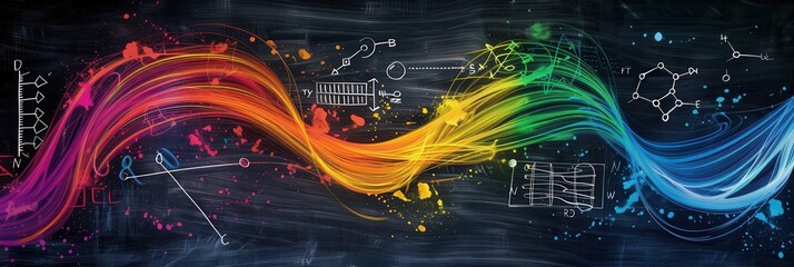 Leinwandbilder - A vibrant chalkboard displays sweeping waves of colorful chalk strokes, seamlessly blending scientific formulas and diagrams into the artwork. Generative AI