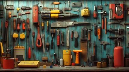 Sticker - Tools on a Workshop Wall with Blue Wood Planks