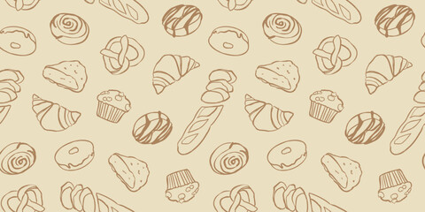 pastry pattern, seamless background with hand drawn bakery products.