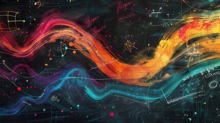 Leinwandbilder - A vibrant chalkboard features sweeping waves of color blending with subtle scientific diagrams and formulas, embodying creativity and learning. Generative AI