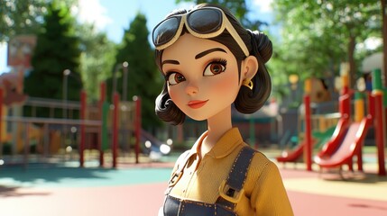 3D Cartoon of a Retro Styled Young Woman on a Playground