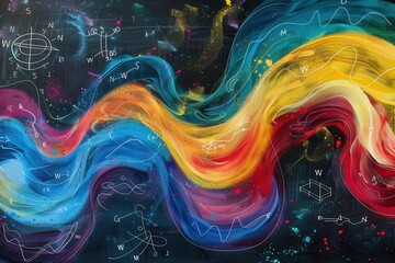 Leinwandbilder - A dynamic chalkboard features colorful waves of chalk strokes intertwined with scientific formulas and diagrams, illustrating a creative learning environment. Generative AI