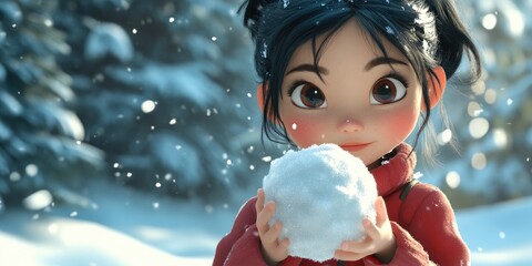 3D Cartoon of a Young Asian Girl with a Snowball in Her Hands