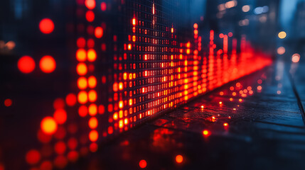 Poster - A red and blue image of a city skyline with a red line that is blurry