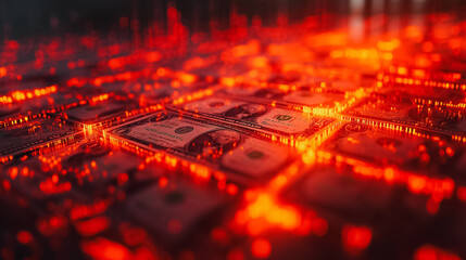 Poster - A close up of a red background with a bunch of dollar bills on it