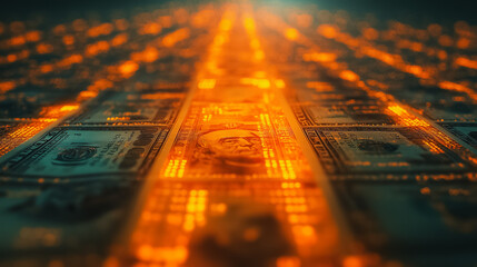 Poster - A close up of a bunch of dollar bills with a man's face in the middle. The image has a surreal and dreamlike quality to it, as if the dollar bills are glowing and the man's face is floating above them