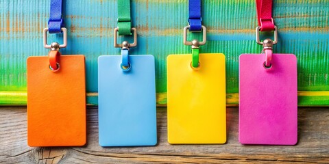 Colorful name tags hanging with blank space for tourists to write on vacation travel, tourism concept