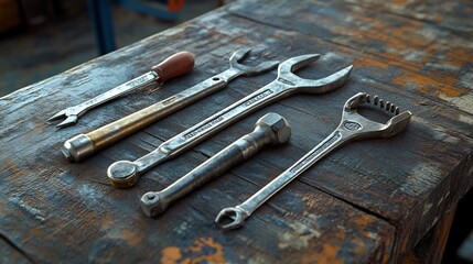 Wall Mural - Assortment of Tools on a Worn Wooden Surface