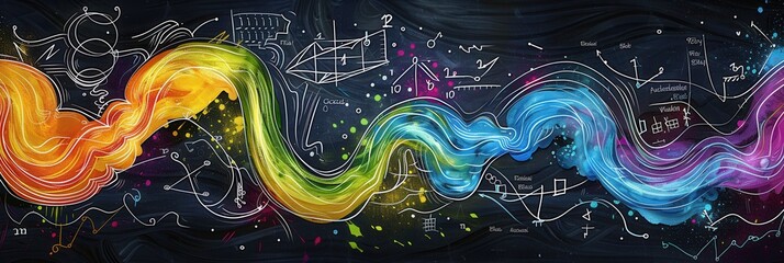 Leinwandbilder - A vibrant chalkboard displays colorful waves of chalk with integrated scientific diagrams and formulas, creating an inspiring educational backdrop. Generative AI