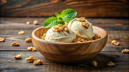 Close-up of vanilla ice cream with toasted granola, mint garnish in wooden bowl delicious dessert treat for summer enjoyment