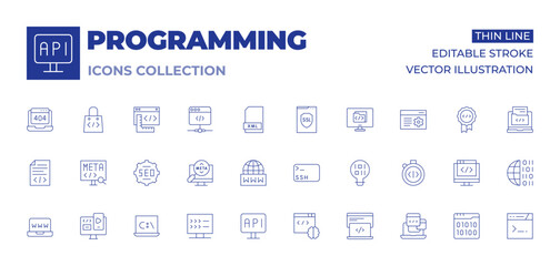 Poster - programming icons collection. thin line icons, editable stroke. innovation, web development, seo, me
