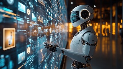 Aufkleber - futuristic robot interacting with digital interface