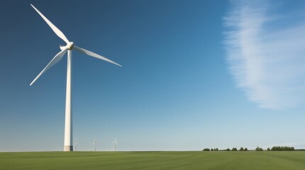 Wind turbine majestically standing in the green fields under a clear blue sky, exemplifying the harnessing of renewable energy resources in harmony with the natural environment 