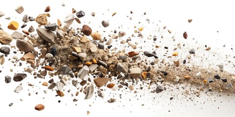 Flying debris pebbles and dust particles isolated on a white background in motion