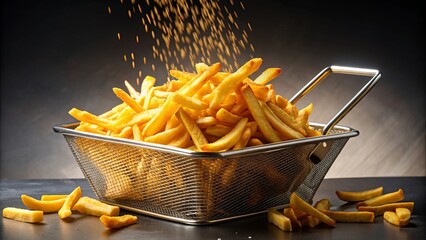 Wall Mural - Golden crispy French fries being lifted from fryer basket, ready to be devoured