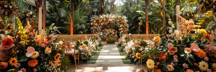 Canvas Print - Elegant Garden Wedding Ceremony Featuring Golden Flowers and Lively Floral Arrangements