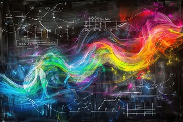 Leinwandbilder - A vibrant chalkboard displays swirling colorful waves of chalk, seamlessly blending in scientific formulas and diagrams that inspire exploration and discovery. Generative AI