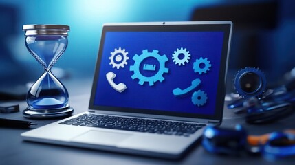 Laptop with Hourglass and Gears, Technology Concept