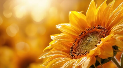 Canvas Print - Closeup of a Bright Yellow Sunflower with Dew Drops in a Field