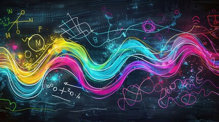 Leinwandbilder - A chalkboard background showcases sweeping waves of vibrant chalk strokes, interwoven with scientific formulas and diagrams for an educational touch. Generative AI
