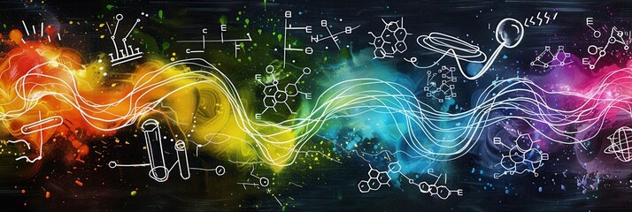 Poster - A vibrant chalkboard displays sweeping colorful waves of chalk, artistically intertwined with scientific formulas and diagrams. Generative AI