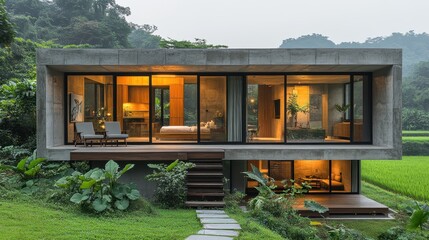 Sticker - Modern Concrete House with Large Windows and Garden Views