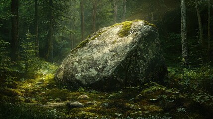 Wall Mural - Mossy Boulder in a Lush Forest