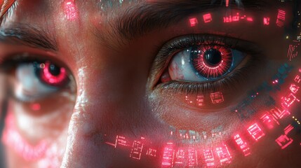 Canvas Print - Close up of Human Eye with Red Digital Interface Overlay