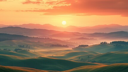 Poster - Golden Hour Sunrise Over Rolling Hills and Fields