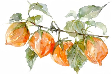 A painting of a branch with four orange flowers. The painting has a bright and cheerful mood, with the oranges representing warmth and happiness