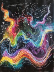 Leinwandbilder - Vibrant chalk strokes wave across a blackboard, expertly merging colorful patterns with scientific formulas and diagrams in an artistic display. Generative AI
